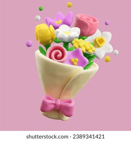 Plasticine molded flower bouquet. Modeling clay flowers wrapped in paper and tied with bow. 3d render. Realistic vector illustration on pink background.