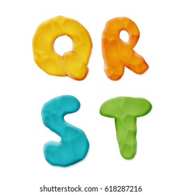 Plasticine Q, R, S, T Letters on white background. Vector Quality Modeling Clay Texture.