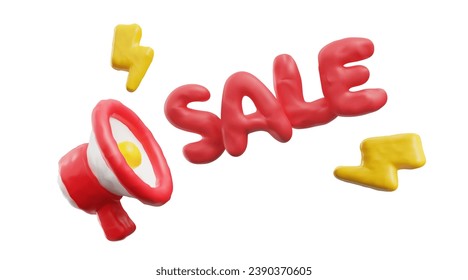 Plasticine sale work with loudspeaker and lightnings 3D style, vector illustration isolated on white background. Decorative design element, advertising and promo