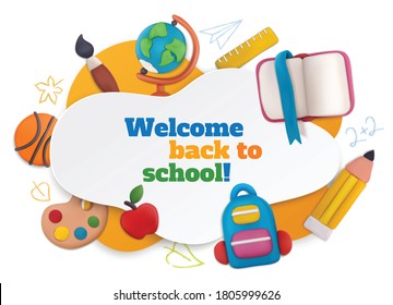 Plasticine school composition with welcome back to school symbols vector illustration