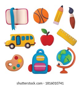 Plasticine school objects set with education symbols isolated vector illustration