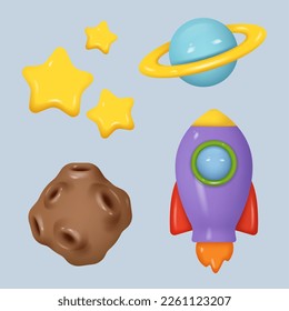 Plasticine space. Universe technology systems satellite rockets telescope decent vector clay stylized realistic illustrations