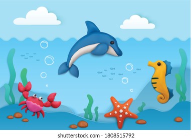 Plasticine summer background with sea underwater life symbols vector illustration