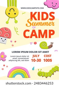 Plasticine summer camp composition vector illustration. Poster for kids summer camp.