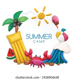 Plasticine summer camp concept with holiday time symbols vector illustration