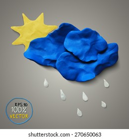 Plasticine sun, cloud, rain on gray background. Modern design. Vector illustration.
