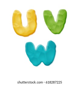 Plasticine U, V, W Letters on white background. Vector Quality Modeling Clay Texture.