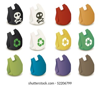 Plastics bags with toxic and recycle icons in different colors