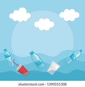 plastics bottles and cups pollution in the sea