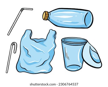 Plastics object like straws, bottle, plastic bag, plastic glass vector illustration set collection isolated on horizontal white background template. Simple flat drawing with outline cartoon art style.