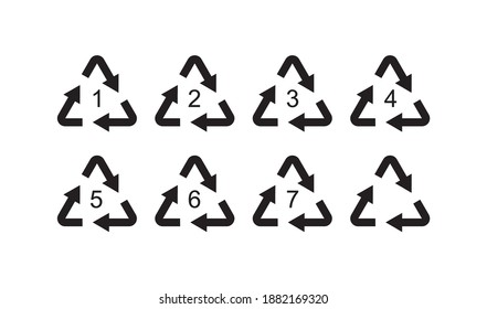 Plastics recycling symbol, recycle triangle with number and resin identification code sign. screen printing design.