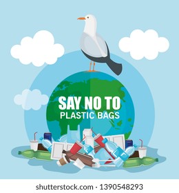 plastics waste pollution and dove bird