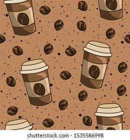 Plastig mugs and coffee beans with liquid splash on the background. Seamless pattern of caffeine, caffee latte mocha on a cup illustration.