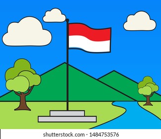 plat mountain with red and white flag vector illuatration for kids drawing 