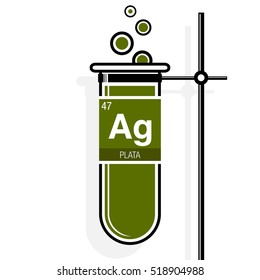 Plata symbol - Silver in Spanish language - on label in a green test tube with holder. Element number 47 of the Periodic Table of the Elements - Chemistry