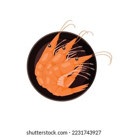 Plate with 3 boiled shrimp in shell, in the style of cartoon. Icon or badge with a dish for Asian cuisine and seafood