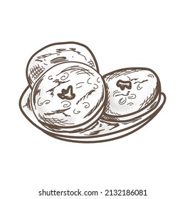 A plate with 3 donuts. Lineart. Vintage. Isolated on white. Hand drawing.