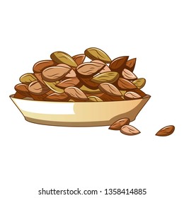 Plate of almond nuts icon. Cartoon of plate of almond nuts vector icon for web design isolated on white background