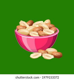 Plate of almond nuts icon. Cartoon of plate of almond nuts vector icon for web design isolated on green background