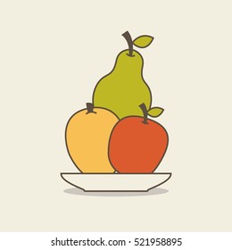 plate with apple, mango and pear fruit. colorful design. vector illustration