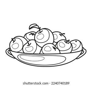 A plate of apples. Black and white vector image. Coloring.