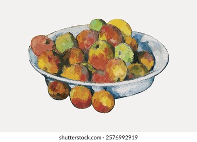 Cezanne’s Plate of Apples, still life painting illustration isolated on white, vector. Vintage fruit illustration by Cezanne, famous artist. Old drawing vector.