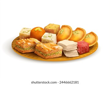 Plate with Arabic sweets – baklava, lokum, halwa, qatayef. Traditional dessert for Ramadan. Vector illustration. 