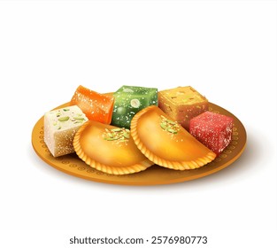 Plate with Arabic sweets – qatayef, lokum, halwa, nougat. Traditional dessert for Ramadan. Vector illustration. 