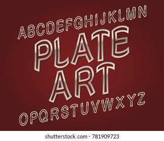 Plate Art typeface. Silver golden font. Isolated english alphabet.