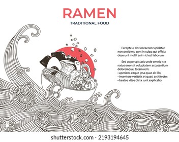 Plate with asian traditional noodles soup on wave with empty space for text.