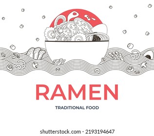 Plate with asian traditional noodles soup on wave with empty space for text. Bundle of of traditional asian food. Noodles soup