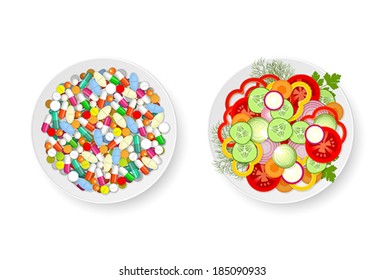 Plate with assorted fresh vegetables and plate with set of different tablets, pills and capsules