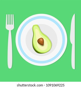plate with avocado half, fork and knife on green background with shadow, keep a diet concept, healhty eat, stock vector illustration