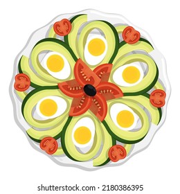 Plate with avocado, tomatoes and boiled egg halves. Healthy breakfast top view. Flat cartoon vector isolated on white background