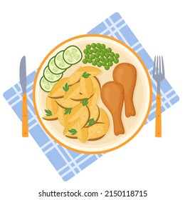 Plate of baked potatoes with fried chicken drumsticks, green peas and cucumber. Vector illustration