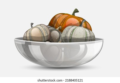 Plate, basin with pumpkin. Vase with pumpkins. Glass plate, glass vase