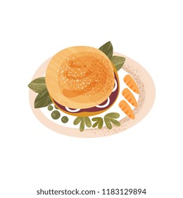 Plate with big appetizing burger decorated with greens and carrot. Delicious food for breakfast. Flat vector icon with texture