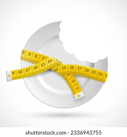 Plate with a bitten edge and a measuring tape around it. Icon isolated on white background. Vector illustration