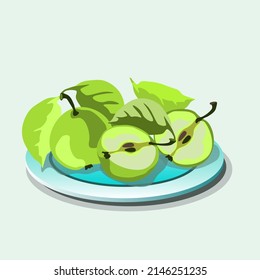 A plate of blue color with green apples and leaves on a white isolated background. Vector illustration with a harvest of apples for a business card, banner or other uses.