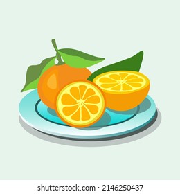 A plate of blue color with orange oranges on a white isolated background. Vector illustration with cherry harvest for business card, banner or other uses.