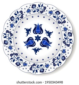 Plate with blue on white ioriental  ornament with flowers. Chinese decorative elements, traditional design, floral pattern. Isolated beautiful plate or dish. Vector illustration