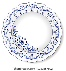 Plate With Blue And White Ornament. Porcelain Or Ceramic Plate Or Dish. Vintage Abstract Floral Pattern In Oriental  Design Style. Decorative Chinoiserie. Isolated Object, Vector Illustration