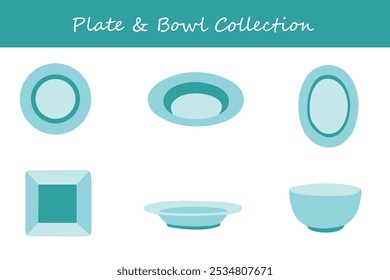 plate and bowl collection in different poses. Vector illustration.