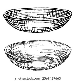 Plate, bowl, cup, vector illustration, hand drawn. Ceramic or glass plate. Salad bowl. Serving utensils Kitchen utensils