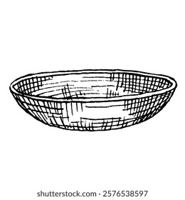 Plate, bowl, cup, vector illustration, hand drawn. Ceramic or glass plate. Salad bowl. Serving utensils Kitchen utensils