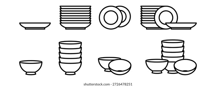 Teller Schüssel Symbol gesetzt Vektor Linie Kunst Illustration Stapel von Geschirr Küchenutensilien Geschirr minimalistische Umrisssymbol einzelne Grafiken.