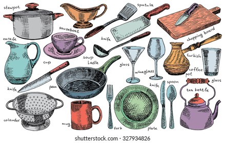 plate, bowl, pan, colander, mug, fork, spoon, soup ladle, spatula, carafe, martini glass, glass, knife, turkish coffee pot, chopping board,  tea kettle, tableware