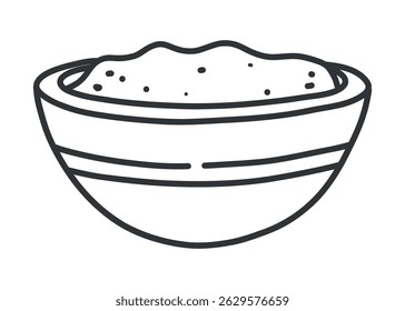 Plate or bowl with soup or sauce in doodle line art. Black and white vector illustration of traditional food. Isolated hand drawn element for menu or culinary design.