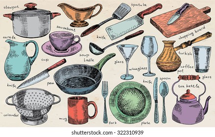plate, bowl, stew pot, pan, colander, mug, fork, spoon, soup ladle, spatula, carafe, martini glass, glass, knife, Turkish coffee pot, chopping board,  tea kettle, tableware on the vintage background 