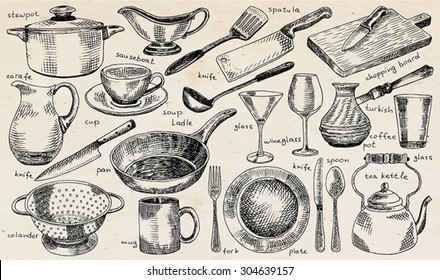 plate, bowl, stewpot, pan, colander, mug, fork, spoon, soup ladle, spatula, carafe, martini glass, glass, knife, turkish coffee pot, chopping board,  tea kettle, tableware on the vintage background 